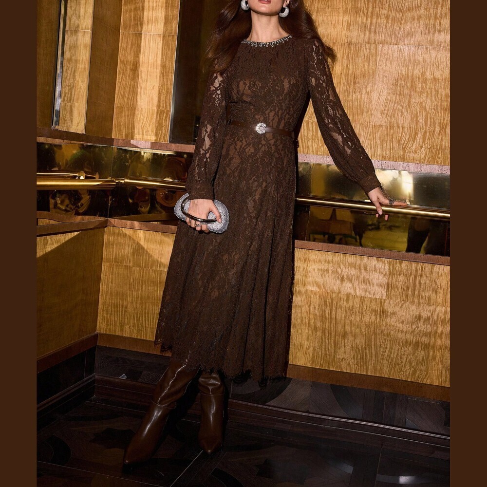 Dark Brown Sheer Lace Long Sleeve Midi Dress with Neckline